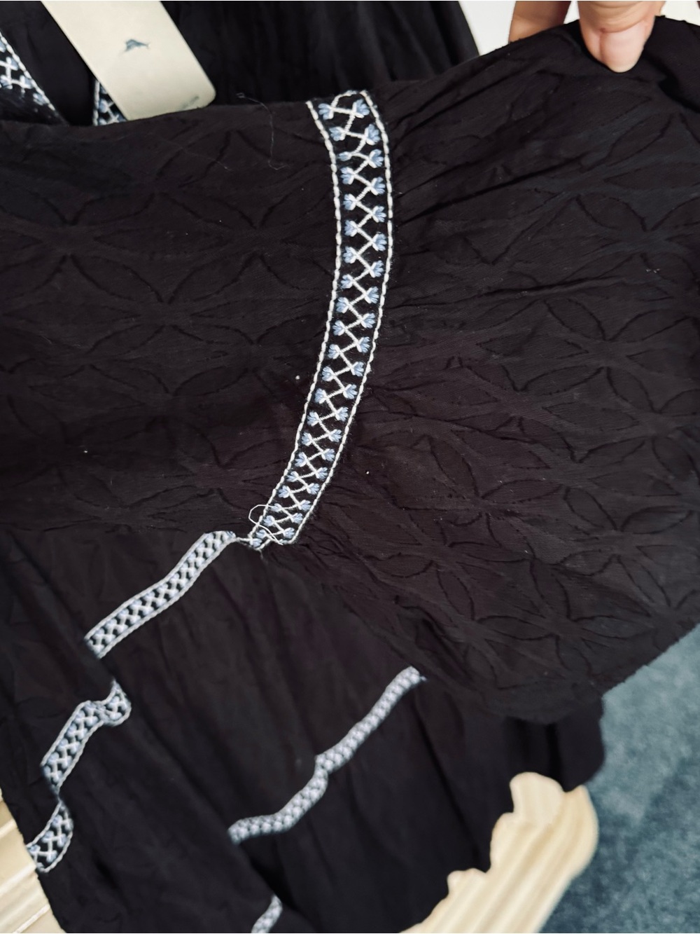 Tommy Bahama Black dress with White Embroidered Trim fully lined. - Picture 5 of 13